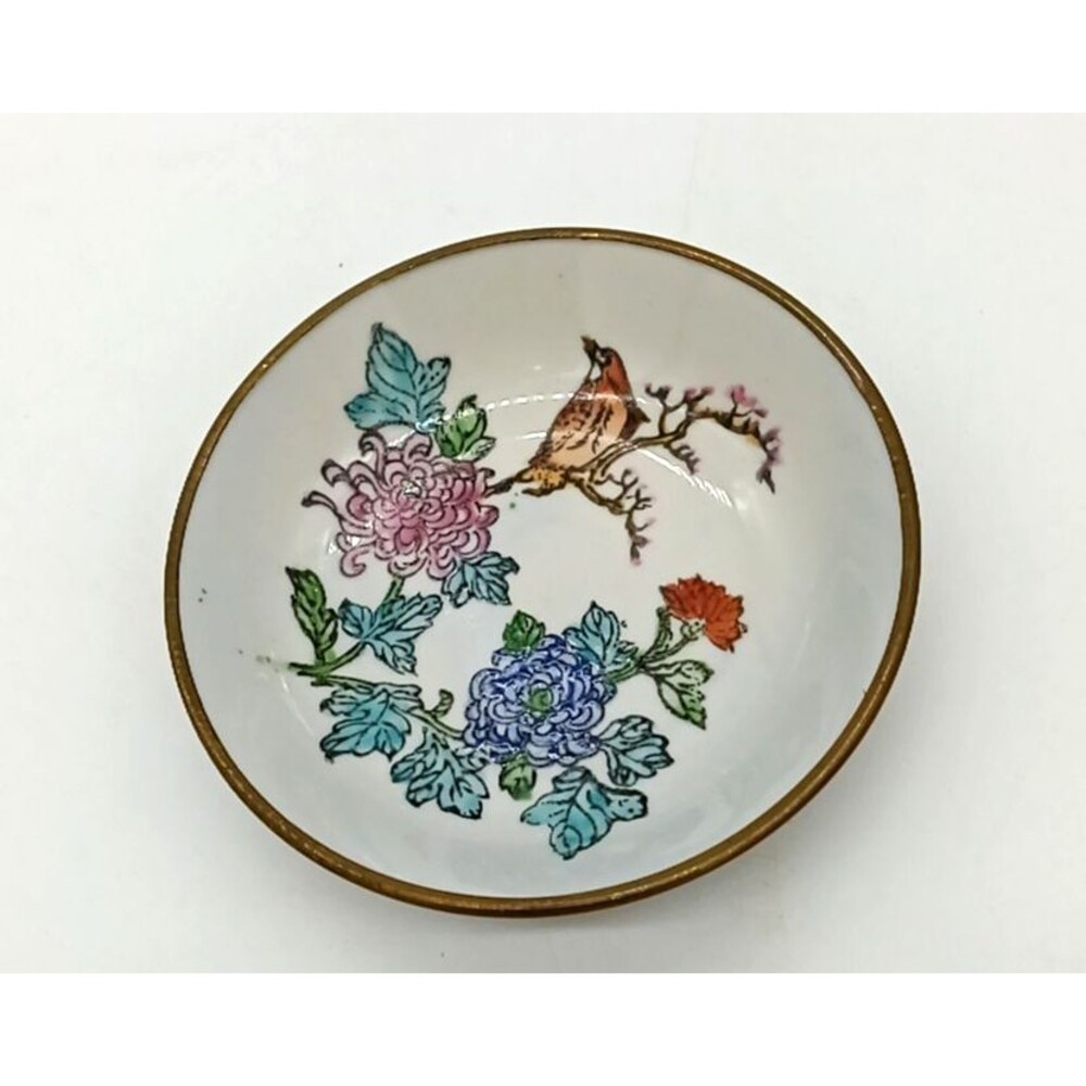 Vintage Porcelain Hand Painted Floral & Bird 5" Decorative Bowl Encased In Brass